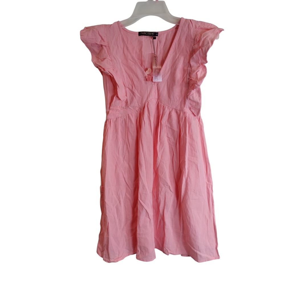Fancyinn Pink Ruffle V-Neck Babydoll Dress Floral Applique Mini Small NWT